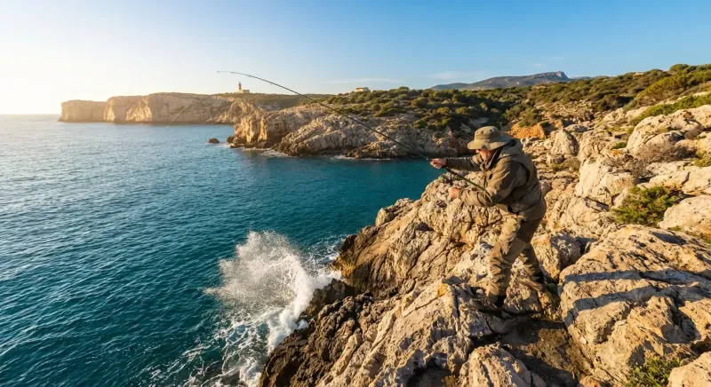 Pêcheur au bord d'une côte rocheuse du sud de l'Italie, lançant sa ligne pour traquer les prédateurs marins.