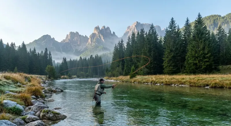 Un pêcheur à la mouche lance sa ligne dans les eaux cristallines d'une rivière au cœur des montagnes des Dolomites.