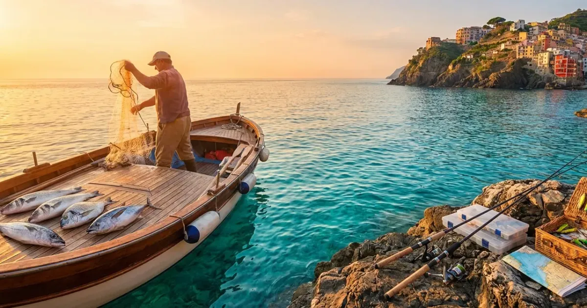 Un pêcheur souriant sur un bateau tenant un gros loup de mer fraîchement pêché au large des côtes rocheuses italiennes.