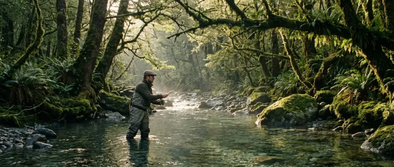 Pêcheur en rivière étroite et boisée avec une canne courte, illustrant quelle canne pour pêcher la truite choisir.