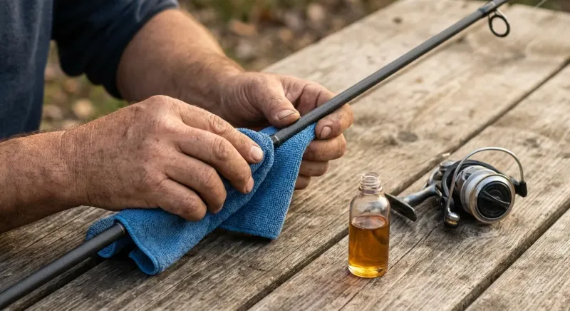 Mains nettoyant au chiffon une canne pour pêcher la truite, un entretien garantissant équilibre et longévité.