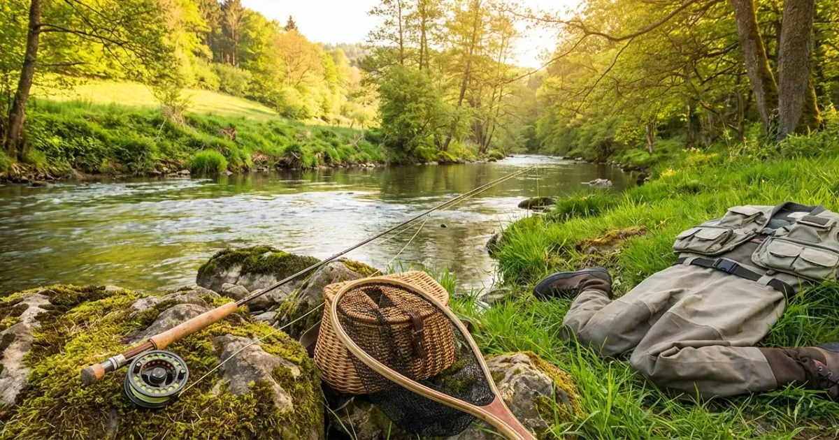 Pêcheur maniant une canne pour pêcher la truite au bord d'une rivière vive, matériel phare du guide complet 2026.