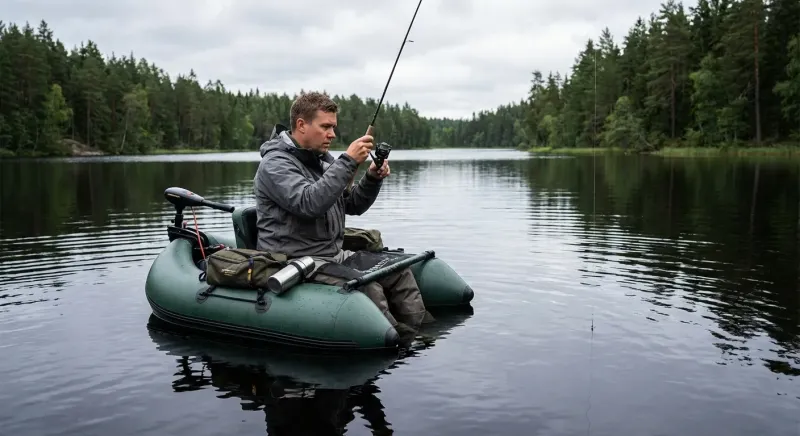 Pêcheur en float-tube descendant un leurre à fort grammage à l'aplomb de la sonde pour cibler le sandre.