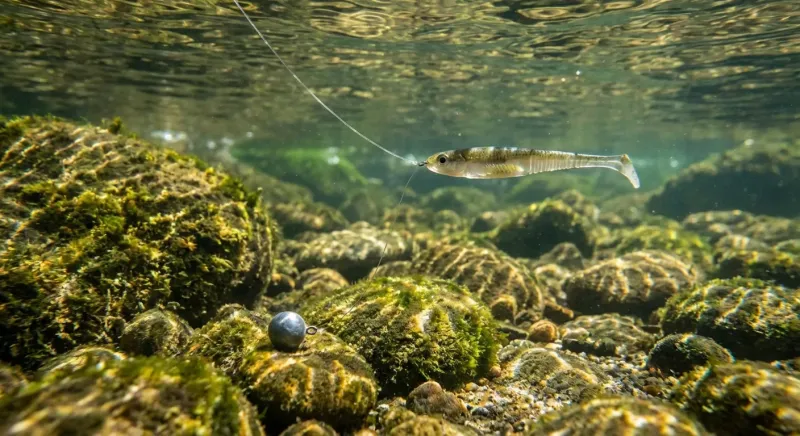Montage Drop Shot pour le sandre : leurre souple planant fixé sur la ligne au-dessus de la plombée.