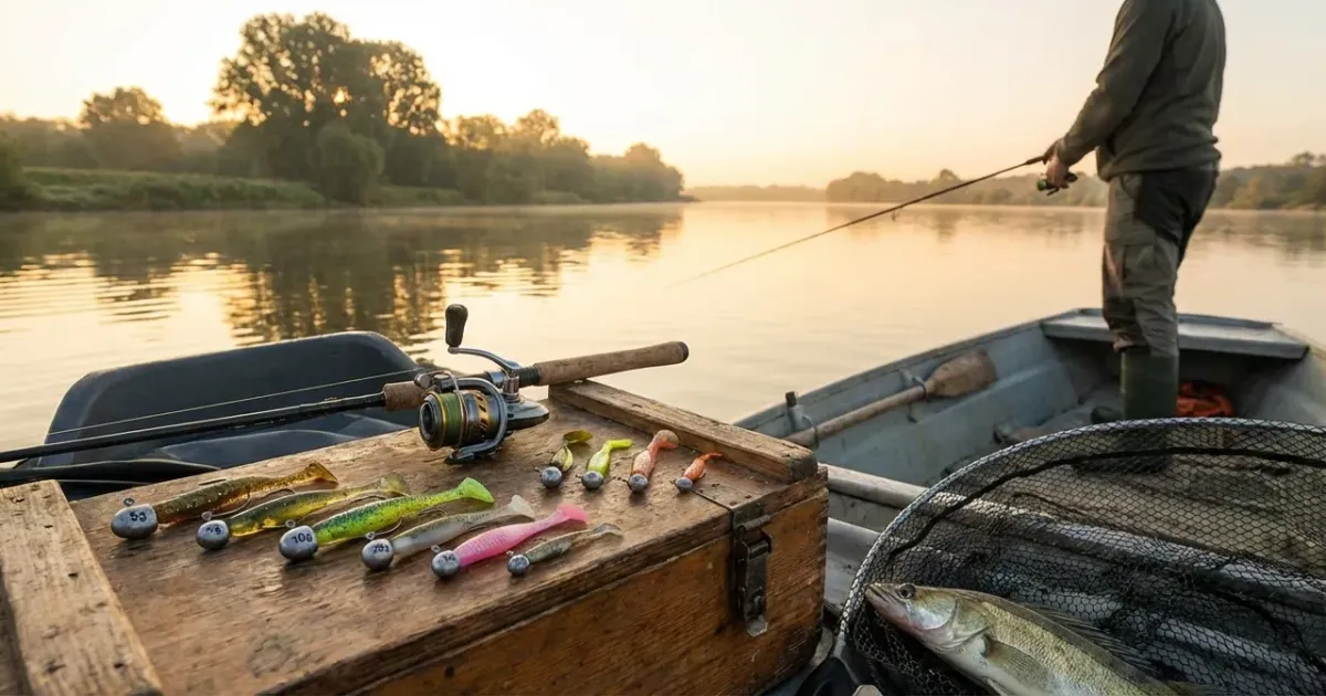 Sélection de têtes plombées de différents grammages posées près d'un leurre souple pour la pêche du sandre.
