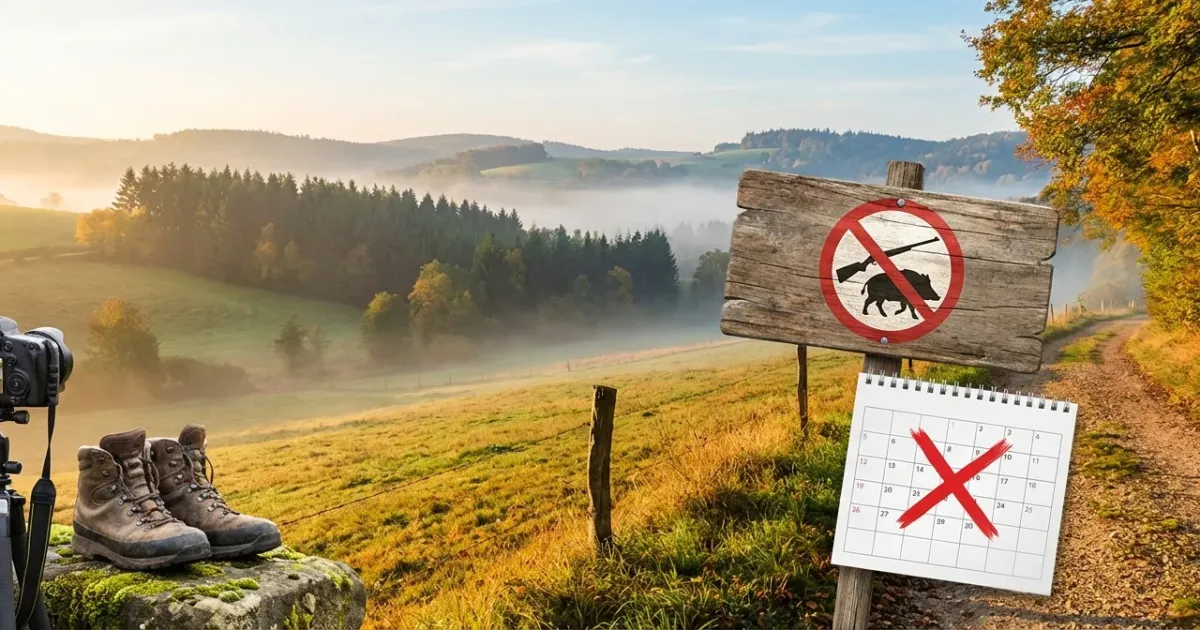 Chasseur en tenue avec fusil, observant un panneau indiquant "Chasse interdite le mercredi" dans un paysage forestier.