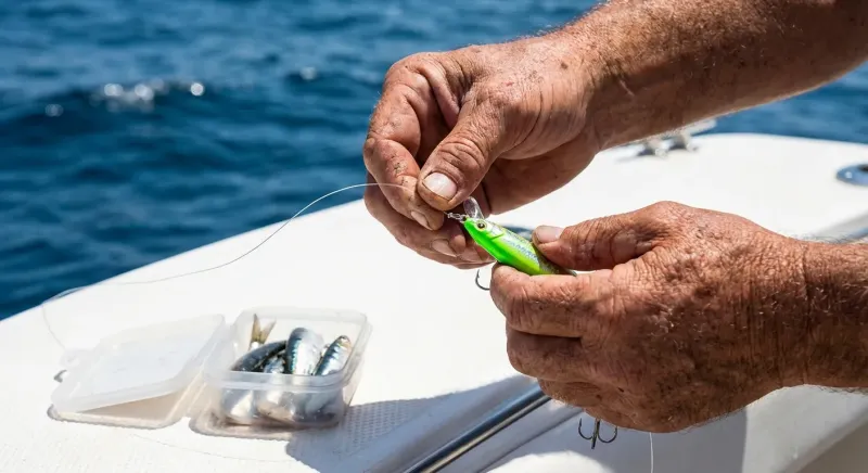 Pêcheur comparant un leurre souple et un appât naturel pour choisir quel peche pratiqué en bateaux selon l'espèce.