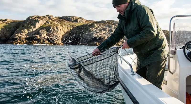Pêcheur sur son bateau combattant un bar dans les courants marins, illustrant quelle pêche pratiquer en bateau.