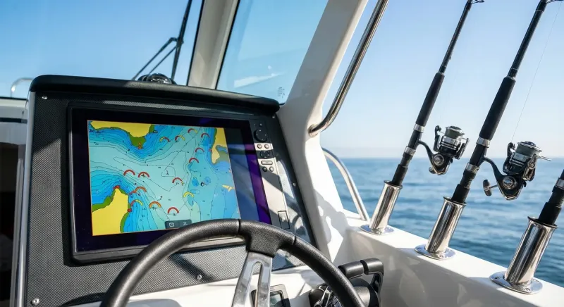 Écran de sondeur GPS affichant des hauts-fonds pour guider quel peche pratiqué en bateaux face aux bancs de poissons.