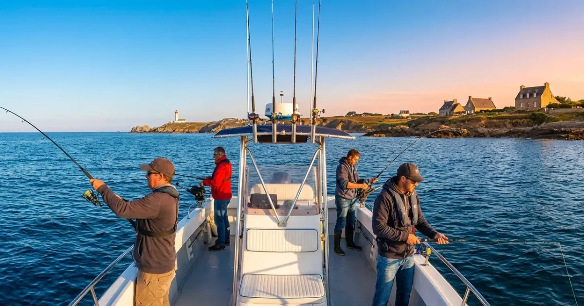 Un homme lance sa ligne depuis la proue d'un navire sur l'océan bleu pour choisir quel peche pratiqué en bateaux.