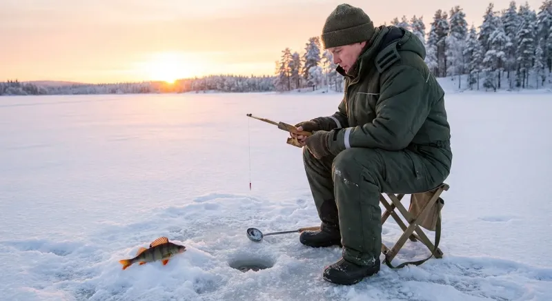 Belle perche zébrée sortie d'un trou de pilkkiminen : quel poisson peut on pêcher dans les lacs de Finlande l'hiver.