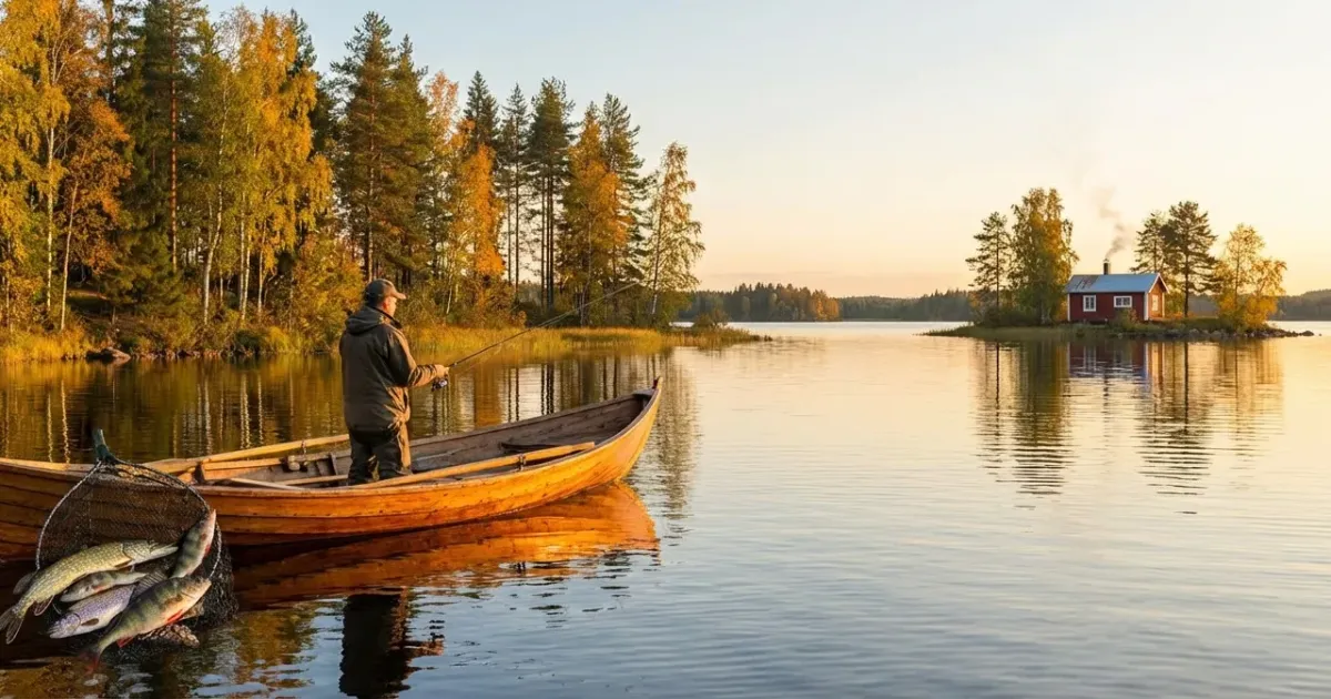Gros brochet aux écailles vertes tenu par un pêcheur en barque : quel poisson peut-on pêcher dans les lacs de Finlande ?