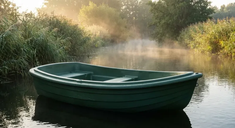 Barque en polyéthylène rotomoulé verte naviguant sur lac, parfaite barque pêche carnassier pour sa coque inaltérable