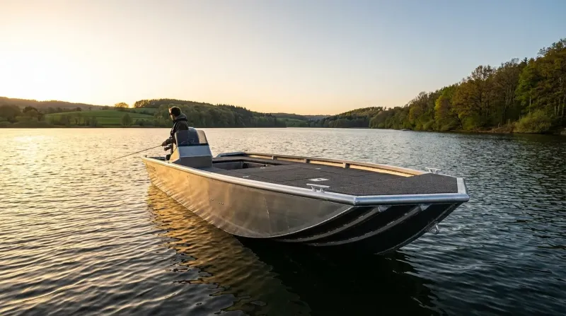 Bass boat aluminium à fond plat sur l'eau, une barque pêche carnassier offrant une plateforme stable et spacieuse