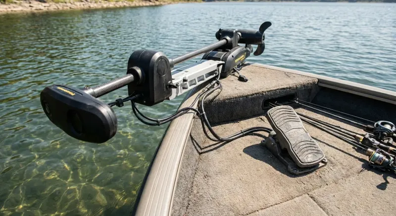 Barque de pêche aux carnassiers avec moteur électrique avant naviguant discrètement sur un plan d'eau calme