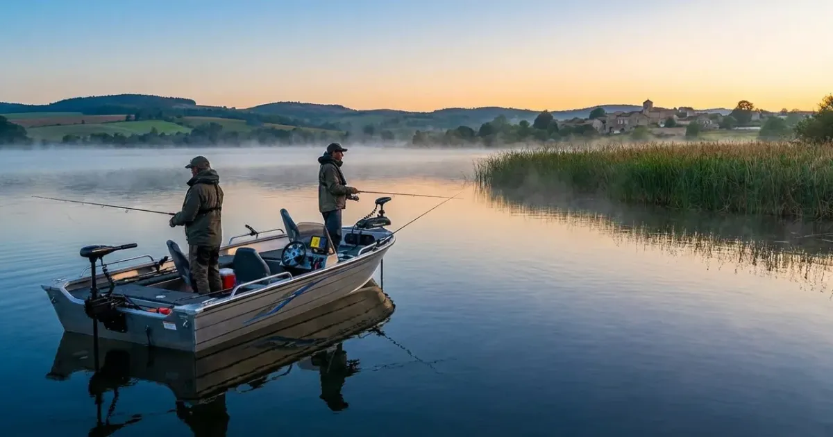 Barque pêche carnassier en aluminium toute équipée avec moteur électrique et sièges pivotants naviguant sur un plan d'eau