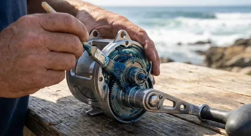 Épaisse graisse marine anti-sel sur des engrenages illustrant quelle graisse mettre dans un moulinet peche en mer.