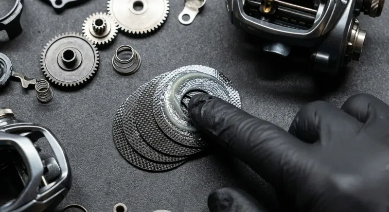 Fine couche appliquée sur des disques de frein en carbone illustrant quelle graisse mettre dans un moulinet peche casting.