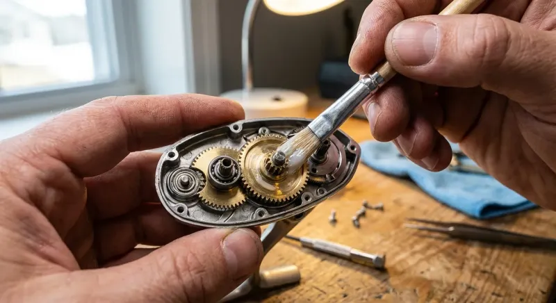 Application minutieuse de graisse au pinceau fin sur les engrenages illustrant quelle graisse mettre dans un moulinet peche