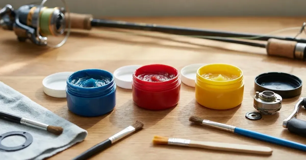 Gros plan sur l'application au pinceau illustrant quelle graisse mettre dans un moulinet peche aux engrenages ouverts.