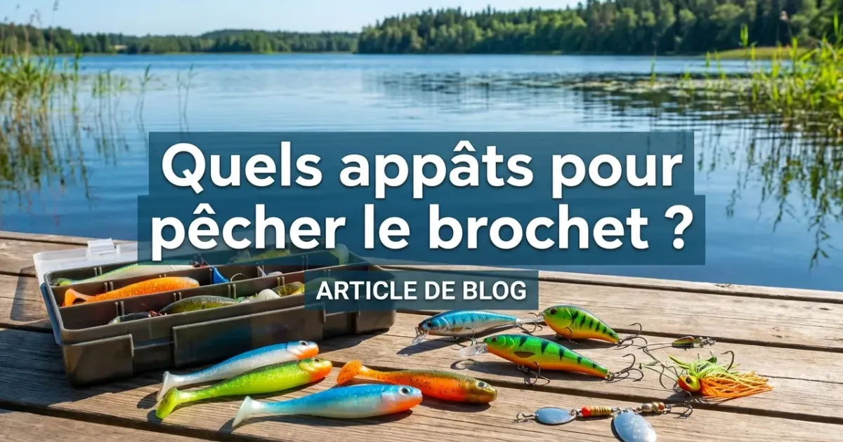 Un pêcheur tient un brochet près d'un lac, entouré de leurres colorés et appâts spécifiques pour la pêche au brochet.