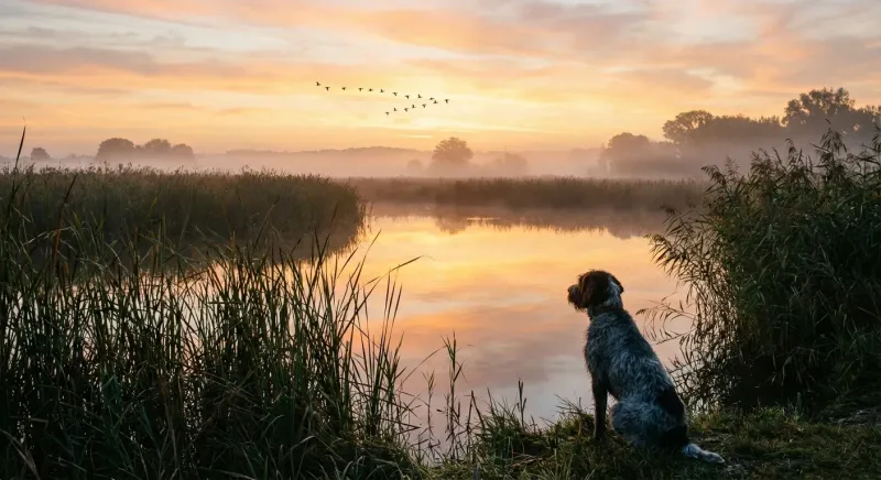 Chasseur et chien dans un marais du Gard, illustrant quels sont les jours de chasse dans le gard pour le gibier d'eau