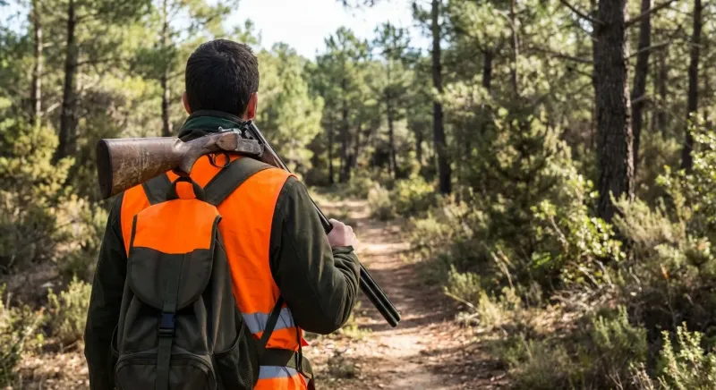 Chasseur en gilet fluorescent posté en lisière de bois, évoquant la sécurité et quels sont les jours de chasse dans le Gard