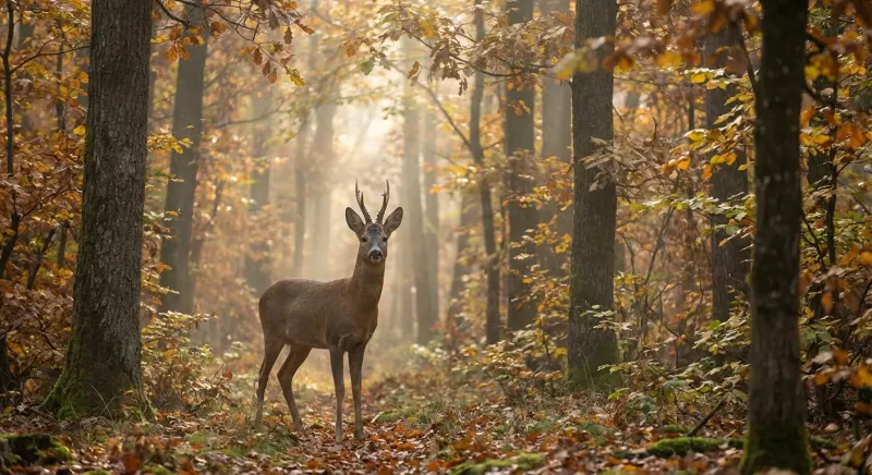 Un chevreuil et un gros sanglier traversant une forêt rousse en automne lors des jours de chasse dans l'yonne.