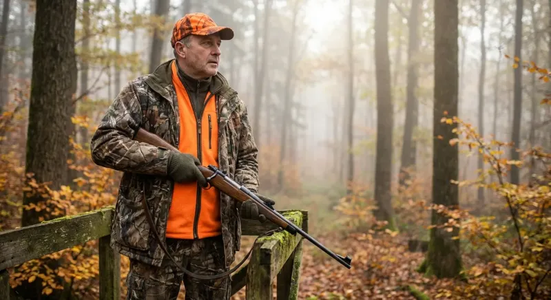 Chasseurs équipés de gilets orange haute visibilité en forêt lors des jours de chasse dans l'Yonne.