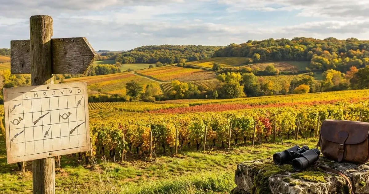Panneau forestier en bois indiquant les jours de chasse dans l'Yonne, entouré d'arbres aux feuilles d'automne.
